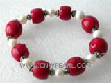 7" 16mm red column natural coral & freshwater pearl bracelet