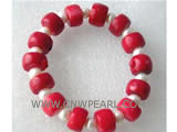 7" pearl & 7-8mm red drum shape natural coral bracelet