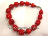 wholesale 7" 6-14mm red drum shape natural coral bracelet