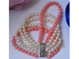 5 rows 7" 6mm round natural coral and freshwater pearl bracelet