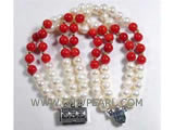 4 rows 7" 6-6.5mm red coral and freshwater pearl bracelet