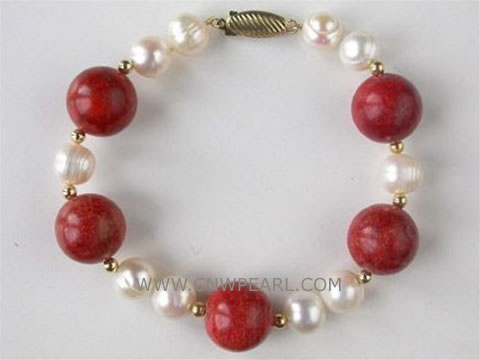 7" 12mm natural coral and 6.5mm freshwater pearl bracelet