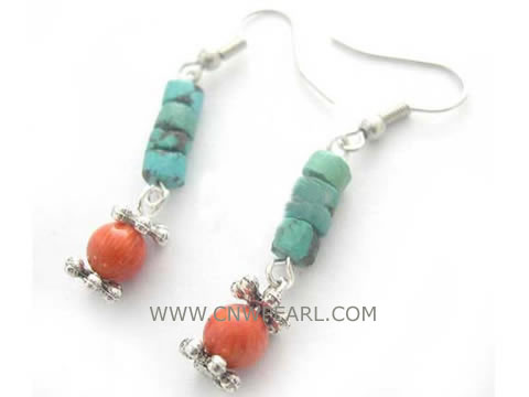 2" 8mm red coral earrings decorated with turquoise beads