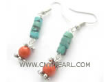 2" 8mm red coral earrings decorated with turquoise beads