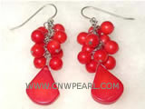 2" 6mm red round natural coral earrings