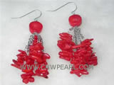 2" 8mm red flat & branch shape natural coral earrings