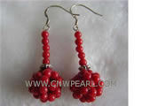 2" 6mm red round natural coral earrings
