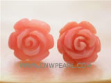 12mm pink carved flower natural coral earrings