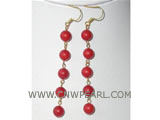 3" 8mm red round natural coral earrings
