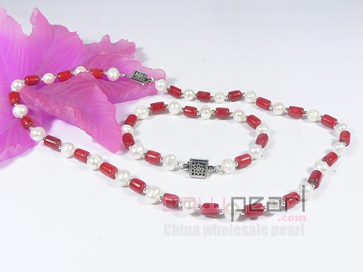 7mm column natural coral & freshwater pearl necklace and bracele