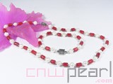 7mm column natural coral & freshwater pearl necklace and bracele