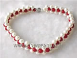 3 rows 15" 8mm round natural coral & freshwater pearl necklace