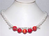 18" 12mm round natural coral & 7-8mm freshwater pearl necklace