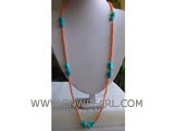 36" 6mm pink round natural coral & turquoise necklace