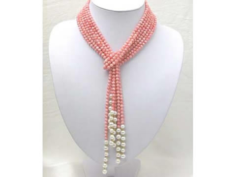 5mm round natural coral & 7-8mm freshwater pearl necklace