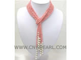 5mm round natural coral & 7-8mm freshwater pearl necklace