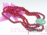 3 rows 18" 9mm red round coral necklace with jade clasp