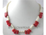 5*15mm seeds natural coral & 6-7mm freshwater pearl necklace