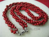 3 rows 17" 5.5mm red round natural coral necklace