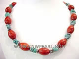 17" red rice natural coral and turquoise necklace