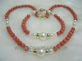 17.5" 5-6mm red natural coral and 4-12mm  freshwater pearl set