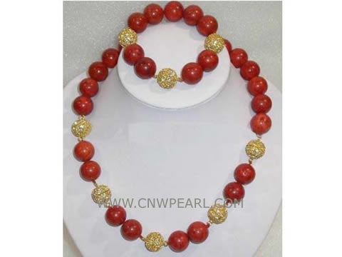 17" 12mm red round natural coral necklace & bracelet set