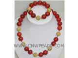 17" 12mm red round natural coral necklace & bracelet set