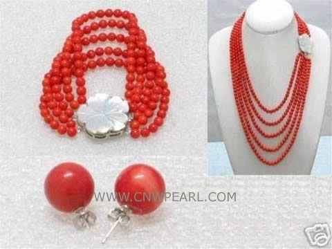 18" 8mm red round natural coral necklace, bracelet, earrings