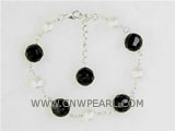 7" 9-12mm freshwater pearl & black round face agate bracelet