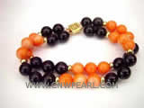 7" 8mm red round coral & black round agate bracelet
