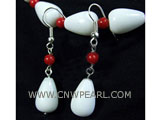4mm red round coral and 10-15mm white irregular jade earrings
