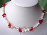 7-8mm white freshwater pearl & red crystal necklace