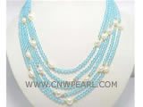 6-10mm blue round crystal & white freshwater pearl necklace
