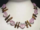 6-14mm coffee freshwater pearl & pink lotus gemstone necklace