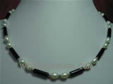 4-12mm black column shape agate & freshwater pearl necklace