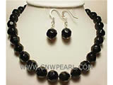 12mm black face round agate necklace & earrings