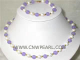 8mm purple jade & white freshwater pearl necklace & bracelet