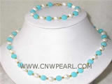 8mm blue turquoise & white freshwater pearl necklace & bracelet
