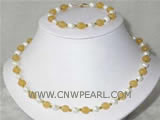 8mm yellow jade & white freshwater pearl necklace & bracelet