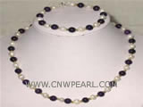 8mm round black agate & white freshwater pearl necklace & bracel