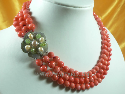 three strands 8mm round pink coral necklace on wholesale