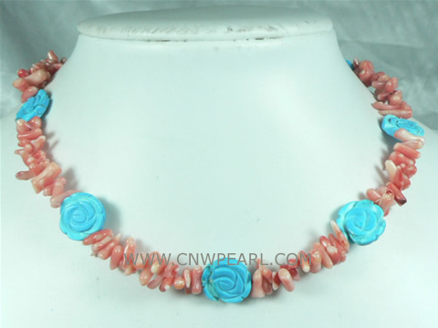 necklace of red coral match with blue flower turquoise