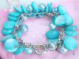 7-8mm blue smooth on both sides freshwater pearl bracelet  with round shell beads