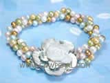 three rows 5-6mm multicolor round freshwater pearl bracelet with a flower shell clasp
