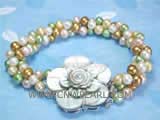 three rows 5-6mm multicolor round freshwater pearl bracelet with a flower shell clasp