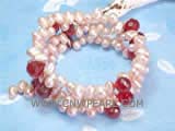 5-6mm pink side drilled freshwater pearl wrap bracelet with red raindrop crystal