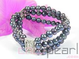 three rows 7-8mm black potato  freshwater pearl bracelet  with rectangle silver accessories