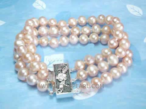 three rows 6-7mm pink potato  freshwater pearl bracelet  with a silver plated flower box clasp