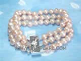 three rows 6-7mm pink potato  freshwater pearl bracelet  with a silver plated flower box clasp