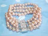 four rows 6-7mm pink potato freshwater pearl bracelet  with a silver plated flower carved box clasp